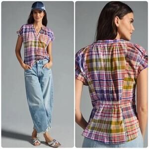 Anthropologie Pilcro Multicolor Plaid Deep V-Neck Short Sleeve Blouse Size M